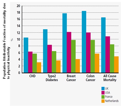Relative risk associated with physical inactivity Source: Data adapted from I-Min Lee et al. Effect of physical inactivity on major non-communicable diseases worldwide: an analysis of burden of disease and life expectancy. Lancet 2012; 380:219-29