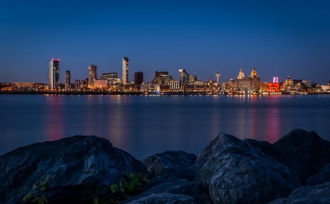 Liverpool waterfront seen across the river Mersey.