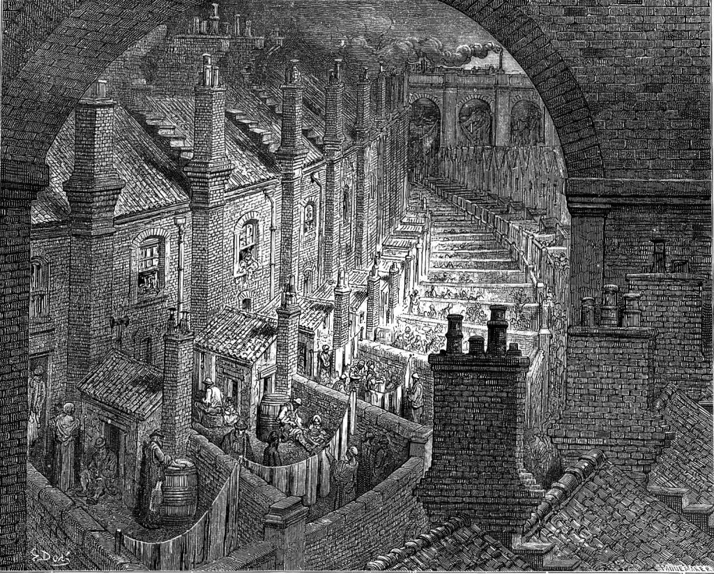 A black and white image of a street in Victorian times, showing small courtyards with washing hanging and smog in the sky