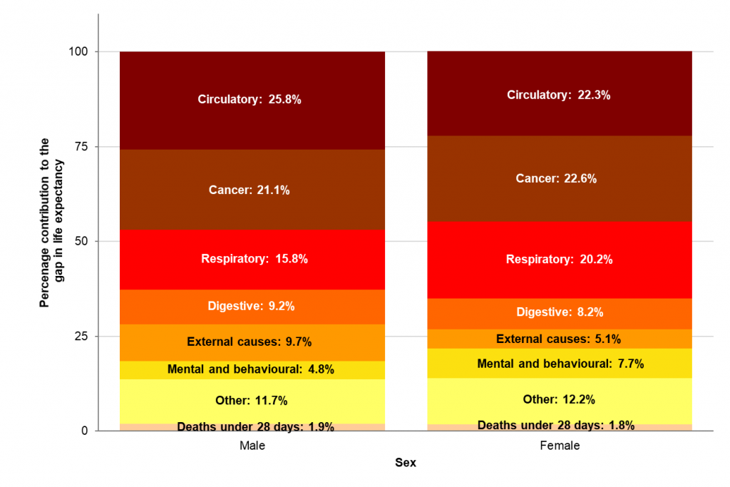 This is a stacked bar chart showing the breakdown of the life expectancy gap in England in 2015-17 for males and females by broad causes of death. It shows circulatory disease and cancer are the biggest contributors for both sexes.