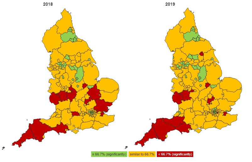 Maps to show estimated dementia diagnosis rate (aged 65+) for county and unitary authorities in England, 2018 and 2019